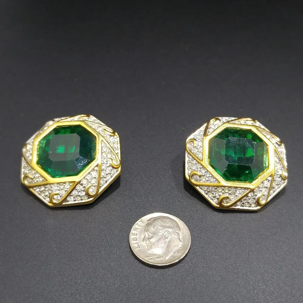 Swarovski Green Octagon Crystal Earrings, Clip On, Gold Plated, Swan Logo
